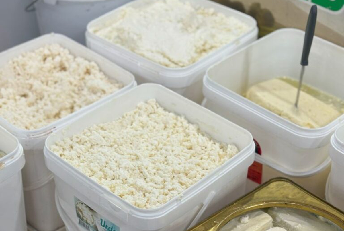 Cheese and olive stall at Bit Pazar market in Skopje