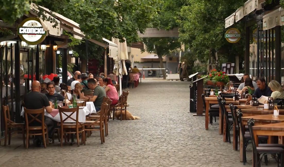 Café-lined street in Debar Maalo near Skopje's hostels