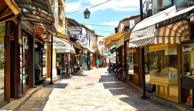 Cobbled Old Bazaar lane leading to Bit Pazar in Skopje